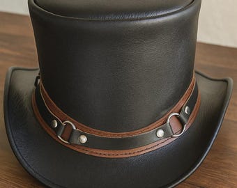 Handmade Black Leather Top Hat – Steampunk Victorian Gothic Cosplay Festival Accessory