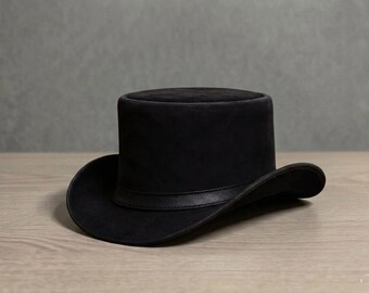 Black Suede Steampunk Top Hat – Gothic Victorian Cosplay Hat