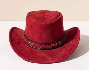 Red Suede Top Hat – Western Steampunk Cowboy Hat, Festival Cosplay Headwear