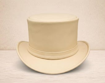 Beige Leather Top Hat – Handmade Victorian Steampunk Formal Costume Hat