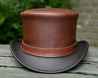 Handmade Leather Top Hat – Brown & Black Victorian Steampunk Gothic Cosplay Hat