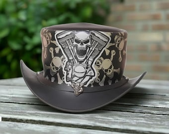 Chapeau Haut-de-forme En Cuir Steampunk – Motard, Gothique, Western, Noir Artisanal