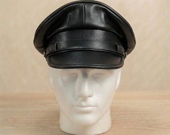 Handmade Black Leather Biker Military Cap : Gothic Punk Captain Hat