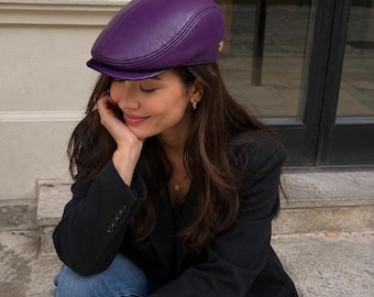 Purple Leather Flat Cap – Vintage Ivy Newsboy Driving Cap  Gift For Her