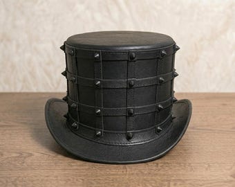Black Leather Studded Top Hat – Gothic Steampunk Cosplay Hat