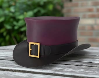 Handmade Burgundy Leather Steampunk Top Hat – Gothic Buckle Cosplay & Festival Hat
