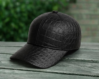 Black Crocodile Embossed Leather Baseball Cap :  Genuine Luxury Mens Cap