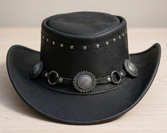 Black Leather Cowboy Hat – Western Concho Biker Festival Hat