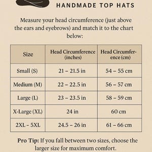 May include: Size guide for handmade top hats. The chart provides head circumference measurements in inches and centimeters for sizes Small (21-21.5 in / 54-55 cm) to 2XL-5XL (24.5-26 in / 61-66 cm).