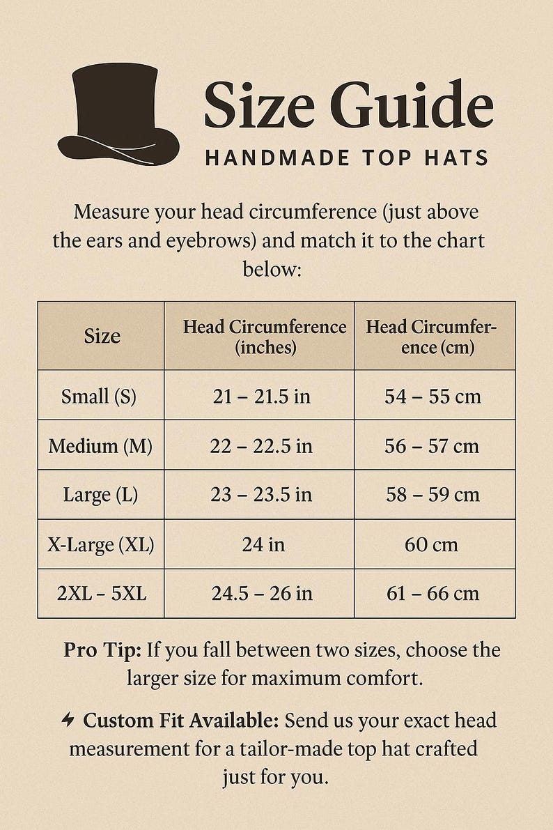 May include: Size guide for handmade top hats. The chart provides head circumference measurements in inches and centimeters for sizes Small (21-21.5 in / 54-55 cm) to 2XL-5XL (24.5-26 in / 61-66 cm).