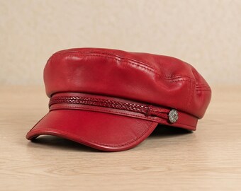 Red Leather Greek Fisherman Cap, Handmade Fiddler Mariner Hat Gift For Her