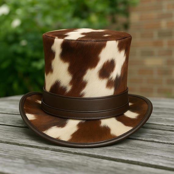 Cowhide Leather Top Hat – Handmade Hair-On Hide Western Steampunk Hat