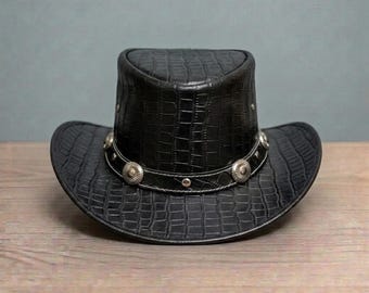 Black Crocodile Embossed Leather Top Hat – Western Steampunk Cosplay Hat