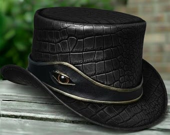 Handmade Black Leather Top Hat — Steampunk Victorian Gothic Festival Cosplay Hat