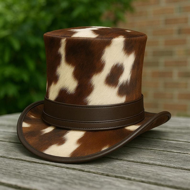 May include: A brown and white cowhide top hat with a dark brown leather band and brim. The hat is sitting on a wooden surface. The hat is a unique accessory.