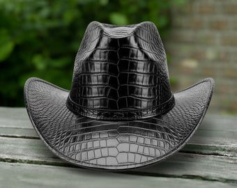 Black Crocodile Embossed Leather Cowboy Hat – Western Rodeo Exotic Style Hat for Men & Women
