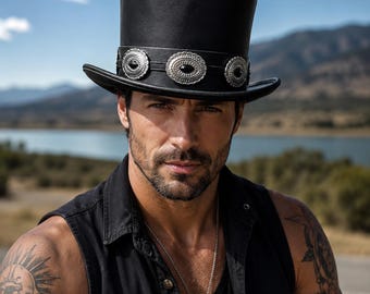 Black Leather Top Hat, Steampunk Cowboy Hat with Concho Band