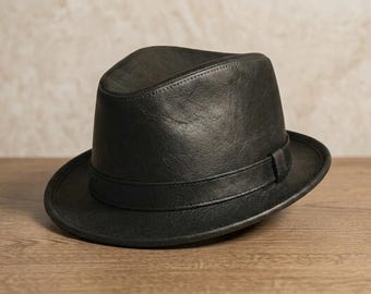 Black Leather Fedora Hat – Vintage Classic Trilby Hat  gift for him