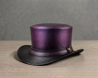 Purple Leather Top Hat with Skull Accent – Steampunk Gothic Victorian Hat