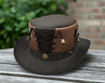 Leather Steampunk Top Hat – Black & Brown Handmade Victorian Cosplay Hat with Gear