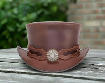 Brown Leather Steampunk Top Hat – Handmade Victorian Western Festival Cosplay Hat