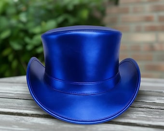 Handmade Metallic Blue Leather Top Hat – Steampunk Victorian Unisex Festival Style