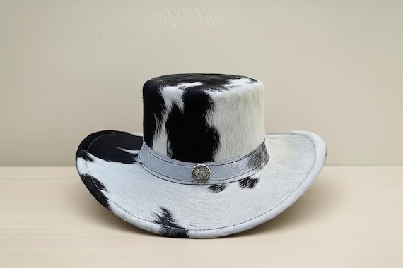 Cowhide Top Hat – Black White Western Cowboy Festival Ranch Style Hat