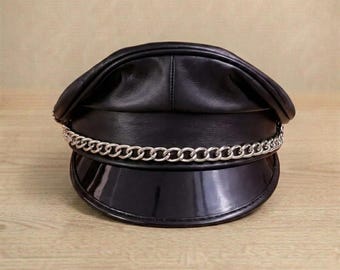 Black Leather Chain Captain Hat – Streetwear Baker Boy Cap for Men Women