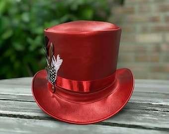 Red Steampunk Leather Top Hat – Handmade Victorian Festival Cosplay Hat