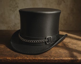 Steampunk Leather Top Hat – Handmade Black Gothic Cosplay & Festival Hat with Chain