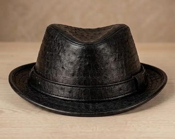 Black Leather Fedora Hat, Ostrich Embossed Men's Trilby Hat