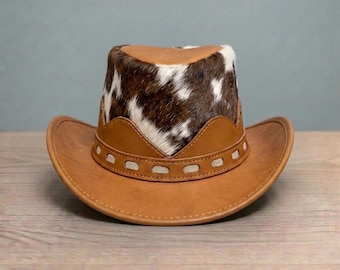 Brown Cowhide Leather Cowboy Hat – Western Rodeo Hat for Men Women