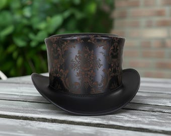 Steampunk Leather Top Hat – Black & Gold Victorian Floral, Unisex Gothic Cosplay Hat