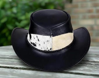 Handmade Cowhide Leather Cowboy Hat – Hair-On Western Rodeo Hat for Men & Women