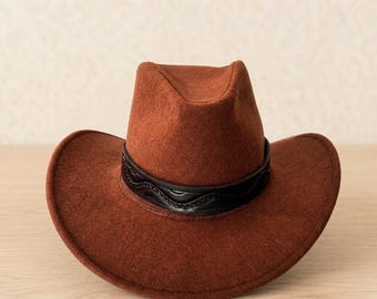 Wool Felt Cowboy Hat, Rust Brown Curled Brim, Tooled Leather Band, Western Gift