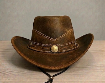 Distressed Brown Leather Cowboy Hat – Western Outback Ranch Hat for Men Women