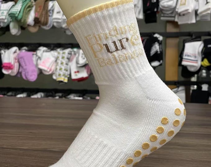 Finding Balance White  Grip Socks with yellow grip for Women Cute Non-Slip Heart Bottom Yoga, Pilates, Barre Socks Gift