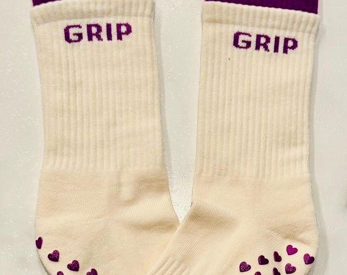 Pulse and Grip Socks with Purple Grip Hearts for Women Cute Non-Slip Heart Bottom Yoga, Pilates, Barre Socks Kawaii Grippy Socks Gift