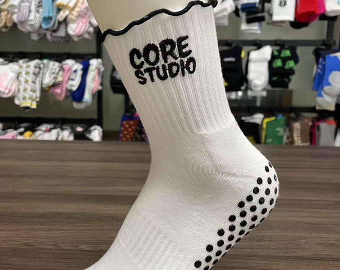 Core Studio White Grip Socks with Black Grips With Ruffles for Women Cute Non-Slip Heart Bottom Yoga, Pilates, Barre Socks Gift