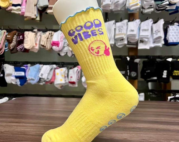 Good Vibes Yellow Pilates Grip Socks with Fun Grip for Women Cute Non-Slip Heart Bottom Yoga, Pilates, Barre Socks Gift