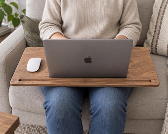 Solidny orzechowy stolik na kolana, ręcznie robiona tacka na laptopa z półką na tablet, minimalistyczne drewniane biurko z funkcją kanapy, 24 x 12
