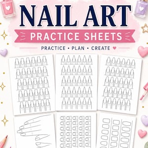Puede incluir: Hojas de práctica para nail art con varios contornos de formas de uñas, plantillas de manos y cuadrículas de dedos. El diseño incluye el texto NAIL ART PRACTICE SHEETS, PRACTICE PLAN CREATE y Printable Pack NAIL DESIGN, decorado con corazones y estrellas.