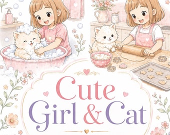 Libro para colorear relajante: páginas para colorear de una niña y un gato (para imprimir)