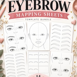 May include: A bundle of 14 printable eyebrow mapping sheets featuring black line art templates of faces, eyes, and various brow shapes. The title reads PRINT PRACTICE CREATE EYEBROW MAPPING SHEETS TEMPLATE BUNDLE 14 PRINTABLE PAGES.