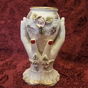 Vintage Porcelain Hand Vase with Two Hands holding Water Vessel adorned with Roses