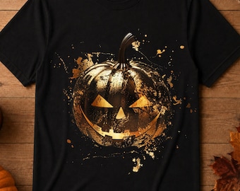 Comfort Colors Gold Jack O Lantern Shirt, Black and Gold Halloween Pumpkin Tee, Distressed Fall T Shirt, Unisex for Women and Men