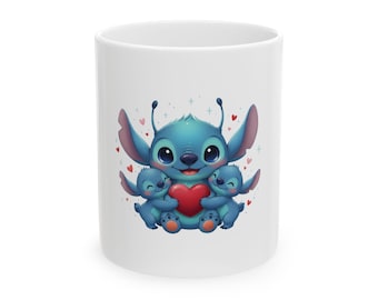 Stitch Family Holding Heart mug | Cute Cartoon Creature Coffee Cup
