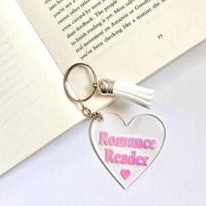 Romance Reader Heart Keyring, Acrylic Book Lover Keychain, Pink Reader Gift, Bookish Accessory