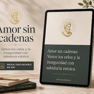 May include: A digital tablet displays the title "Amor sin cadenas" with text below in Spanish. The image features a gold illustration of a man's bust, a stack of books, and a lit candle. The tablet's screen shows the same title and text.