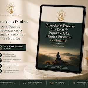 May include: A digital tablet displays the title "7 Stoic Lessons to Stop Depending on Others and Find Inner Peace." The image features a person overlooking a mountain range. The tablet rests on a marble surface, with a bust and candle in the background.